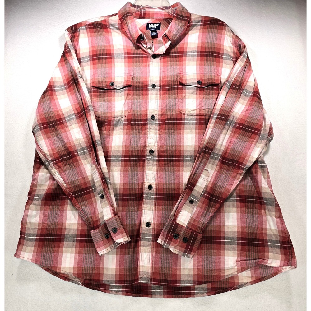 Lands End Mens XXL Red Pink Plaid Button Down Shirt Long Sleeve Traditional Fit